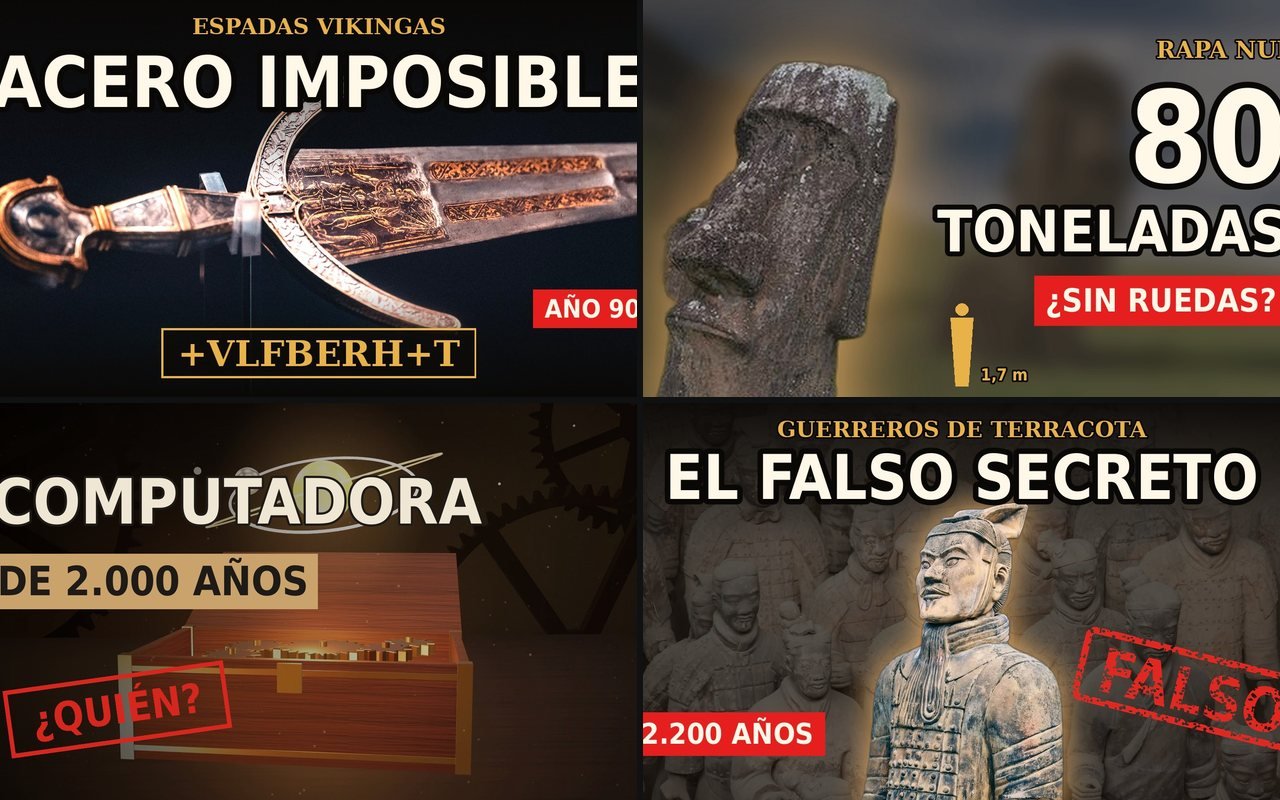 Cuatro miniaturas de Sedimento: las espadas vikingas Ulfberht, el moái de 80 toneladas, el mecanismo de Anticitera y los guerreros de terracota